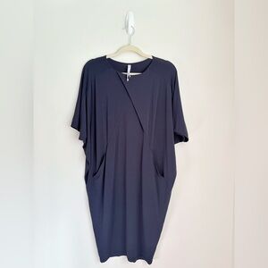 IRIS SETLAKWE Navy Draped Knee Length Dress Womens Sz S Flowy Office Work Career
